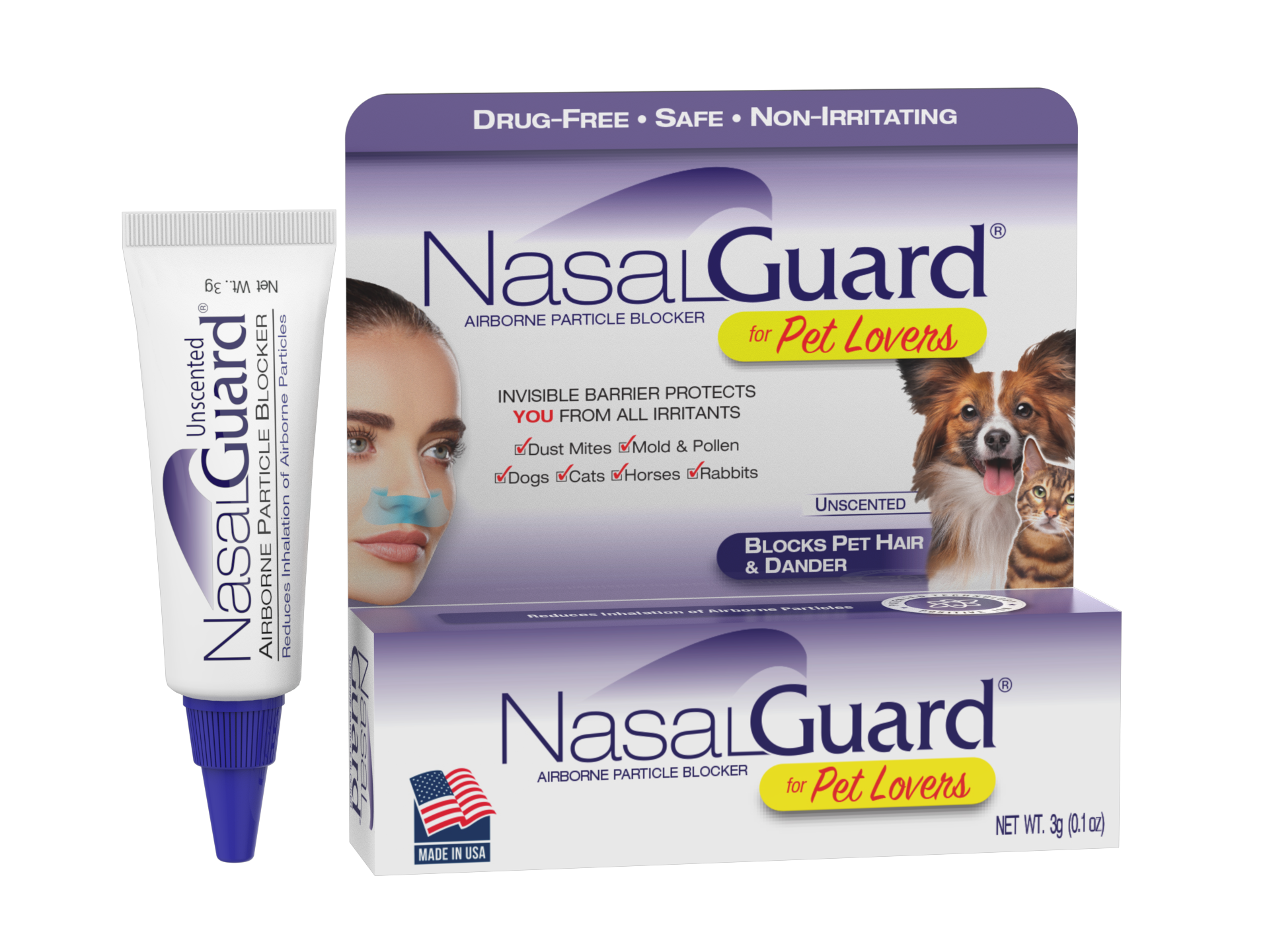 NasalGuard For Pet Lovers, Airborne Particle Blocker | Unscented | 3g Tube